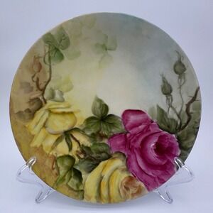 PL Limoges France Hand Painted Rose Plate G Schroeder Pink Yellow Floral 9.25 in